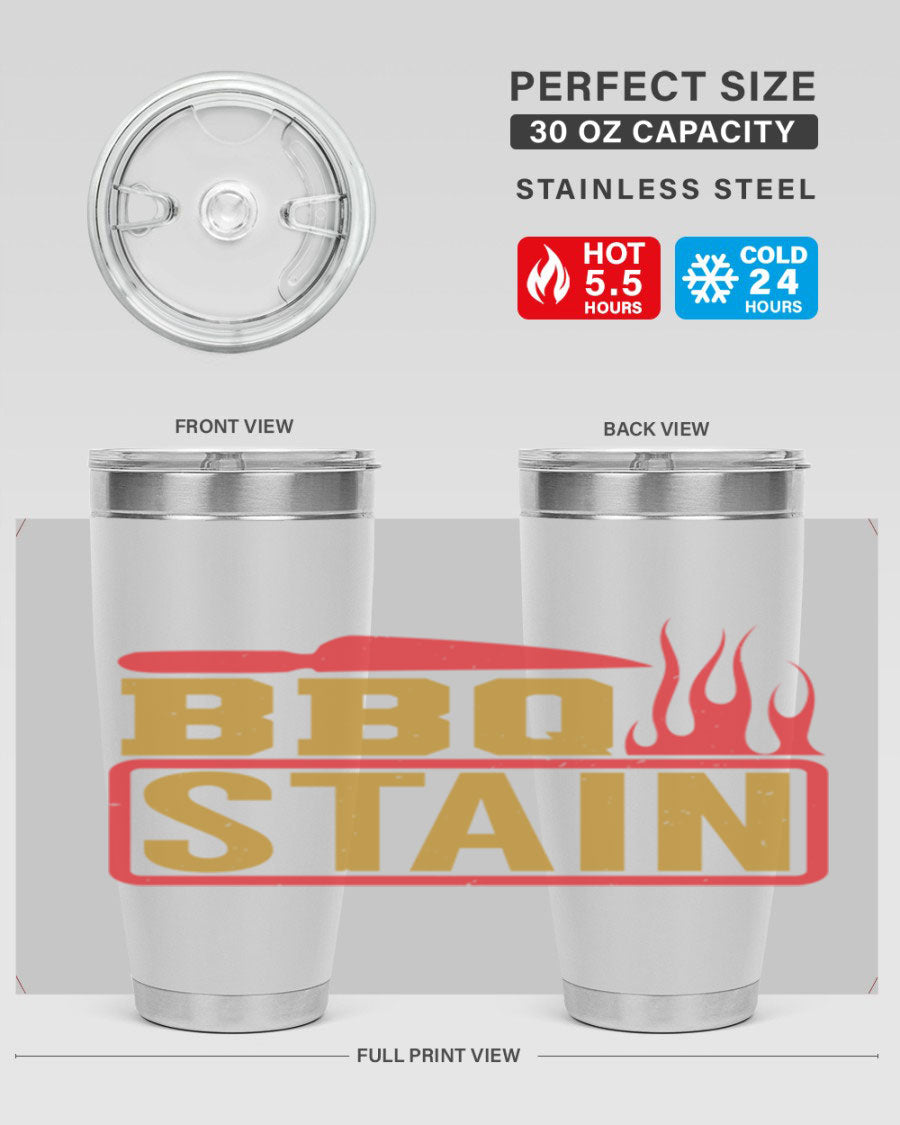 BBQ Stain 3# Tumbler in stainless steel with a drink-thru lid, showcasing its double wall vacuum insulation and sleek design.