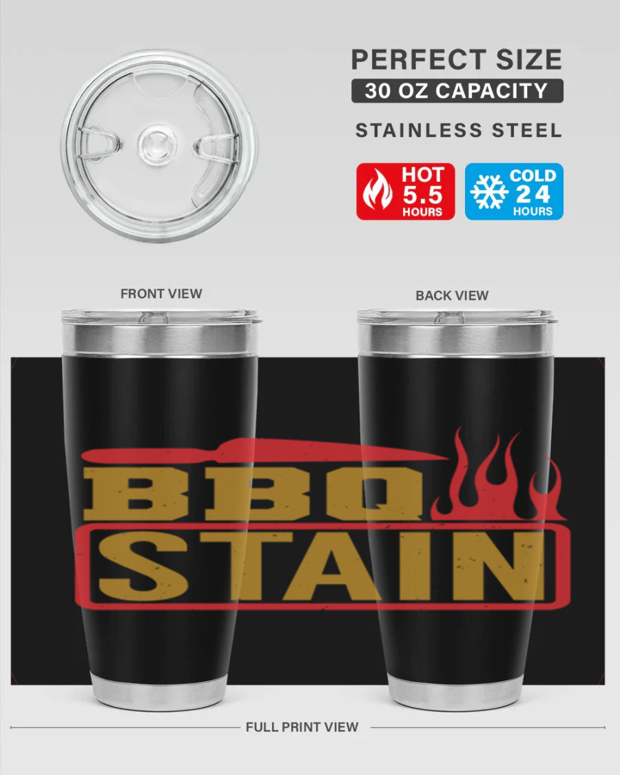 BBQ Stain 3# Tumbler in stainless steel with a drink-thru lid, showcasing its double wall vacuum insulation and sleek design.