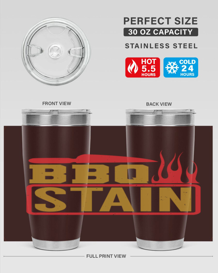 BBQ Stain 3# Tumbler in stainless steel with a drink-thru lid, showcasing its double wall vacuum insulation and sleek design.