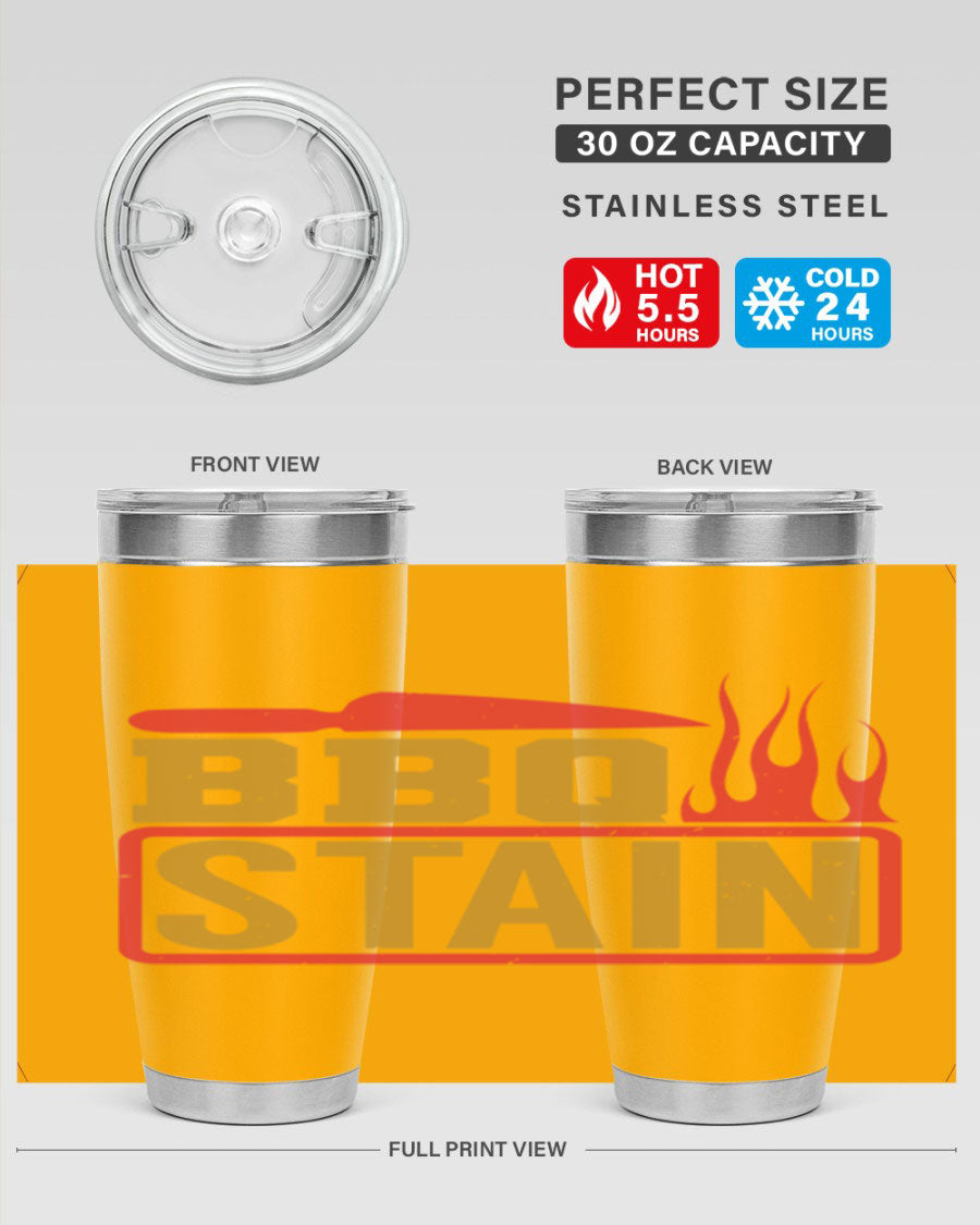 BBQ Stain 3# Tumbler in stainless steel with a drink-thru lid, showcasing its double wall vacuum insulation and sleek design.