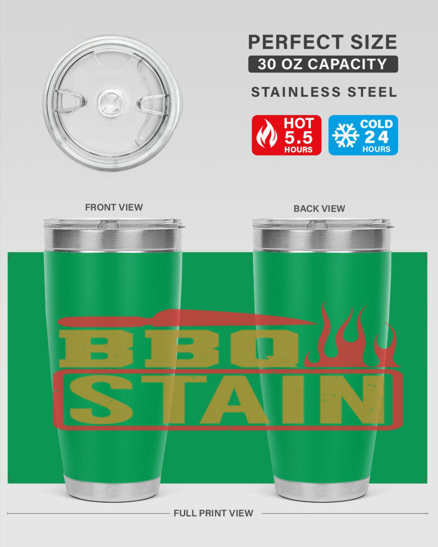 BBQ Stain 3# Tumbler in stainless steel with a drink-thru lid, showcasing its double wall vacuum insulation and sleek design.