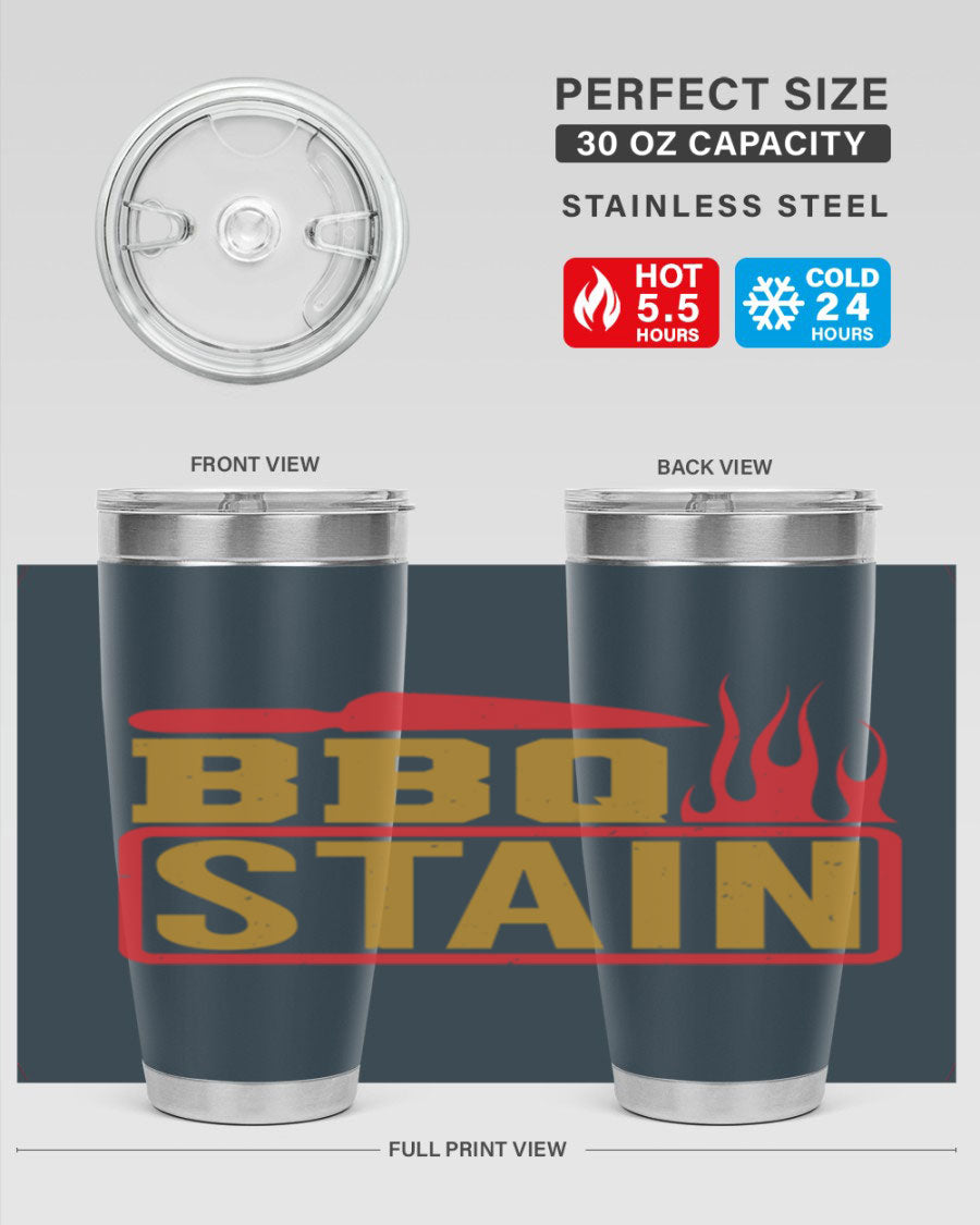 BBQ Stain 3# Tumbler in stainless steel with a drink-thru lid, showcasing its double wall vacuum insulation and sleek design.