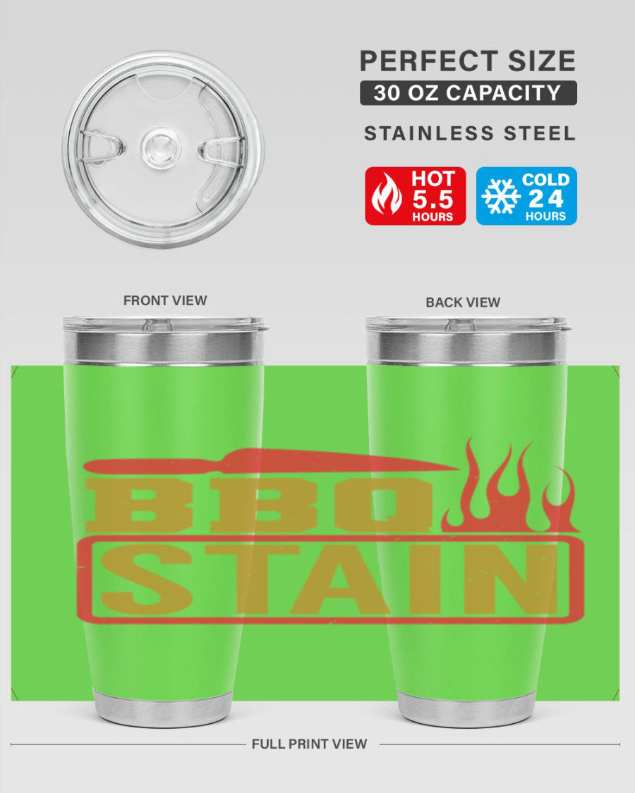 BBQ Stain 3# Tumbler in stainless steel with a drink-thru lid, showcasing its double wall vacuum insulation and sleek design.