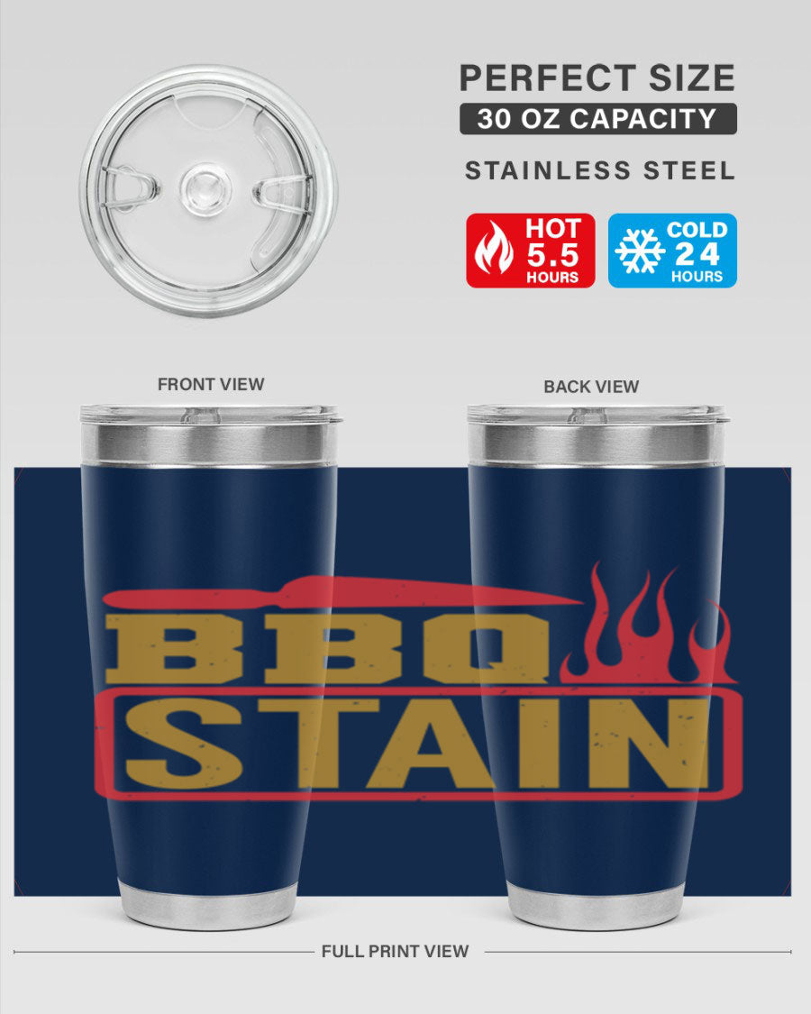 BBQ Stain 3# Tumbler in stainless steel with a drink-thru lid, showcasing its double wall vacuum insulation and sleek design.