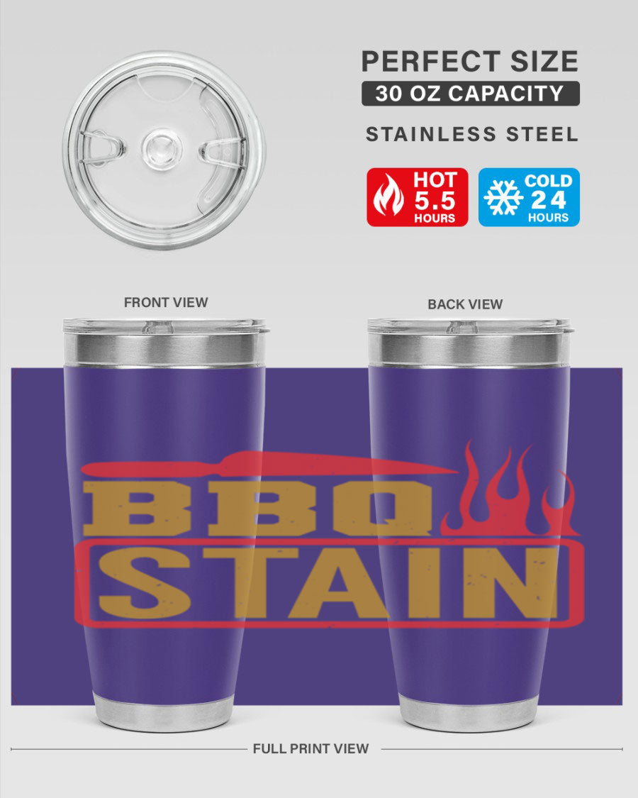 BBQ Stain 3# Tumbler in stainless steel with a drink-thru lid, showcasing its double wall vacuum insulation and sleek design.