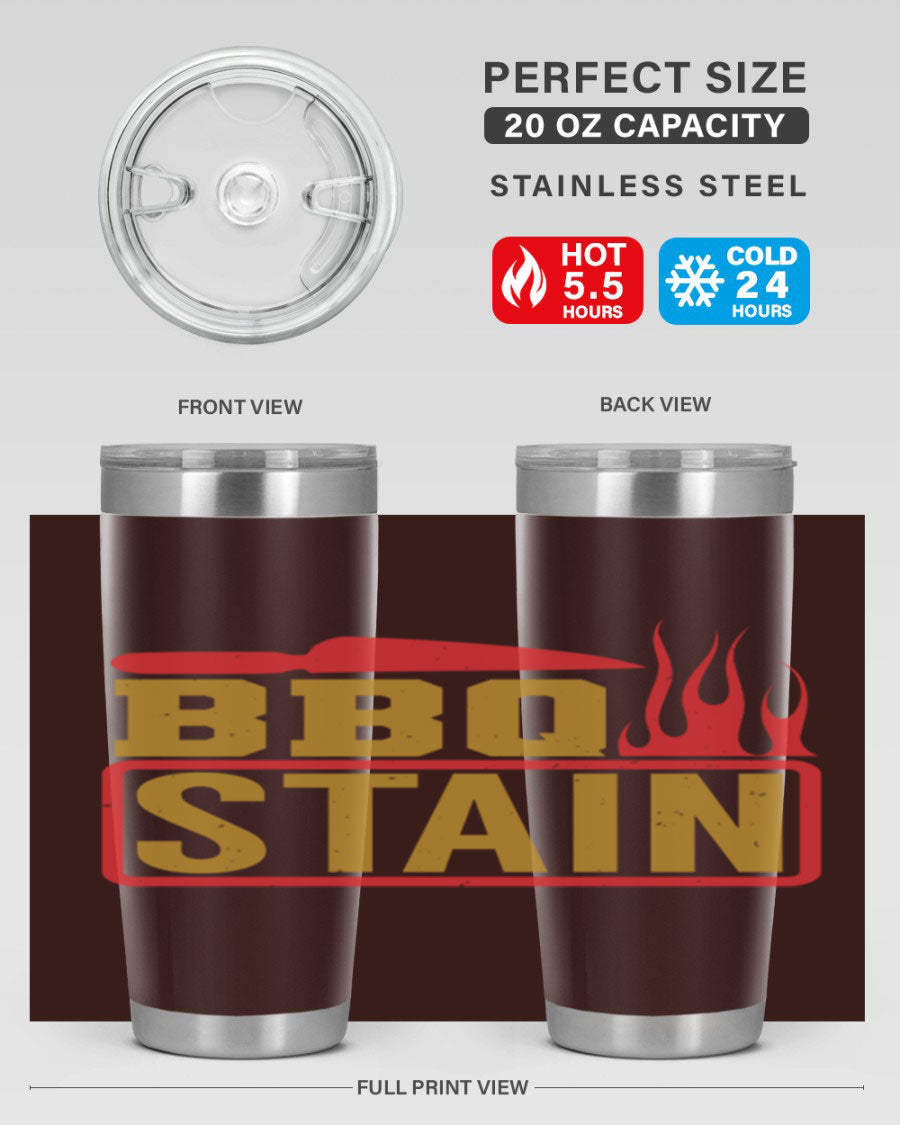 BBQ Stain 3# Tumbler in stainless steel with a drink-thru lid, showcasing its double wall vacuum insulation and sleek design.