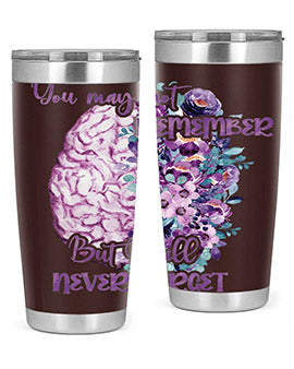 Brain Floral Alzheimer's Awareness Tumblers in 20oz and 30oz sizes, showcasing vibrant floral design and stainless steel construction.