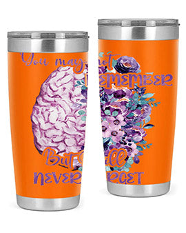 Brain Floral Alzheimer's Awareness Tumblers in 20oz and 30oz sizes, showcasing vibrant floral design and stainless steel construction.