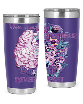 Brain Floral Alzheimer's Awareness Tumblers in 20oz and 30oz sizes, showcasing vibrant floral design and stainless steel construction.