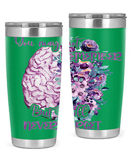 Brain Floral Alzheimer's Awareness Tumblers in 20oz and 30oz sizes, showcasing vibrant floral design and stainless steel construction.