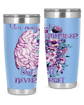 Brain Floral Alzheimer's Awareness Tumblers in 20oz and 30oz sizes, showcasing vibrant floral design and stainless steel construction.