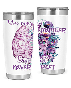 Brain Floral Alzheimer's Awareness Tumblers in 20oz and 30oz sizes, showcasing vibrant floral design and stainless steel construction.