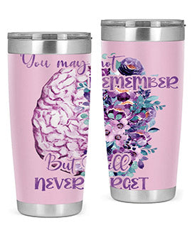 Brain Floral Alzheimer's Awareness Tumblers in 20oz and 30oz sizes, showcasing vibrant floral design and stainless steel construction.