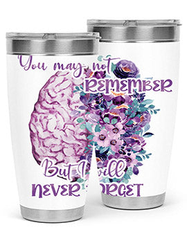 Brain Floral Alzheimer's Awareness Tumblers in 20oz and 30oz sizes, showcasing vibrant floral design and stainless steel construction.