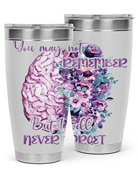 Brain Floral Alzheimer's Awareness Tumblers in 20oz and 30oz sizes, showcasing vibrant floral design and stainless steel construction.