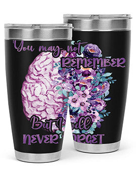 Brain Floral Alzheimer's Awareness Tumblers in 20oz and 30oz sizes, showcasing vibrant floral design and stainless steel construction.