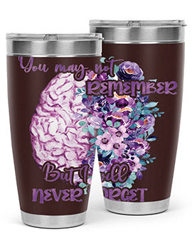 Brain Floral Alzheimer's Awareness Tumblers in 20oz and 30oz sizes, showcasing vibrant floral design and stainless steel construction.