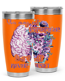 Brain Floral Alzheimer's Awareness Tumblers in 20oz and 30oz sizes, showcasing vibrant floral design and stainless steel construction.