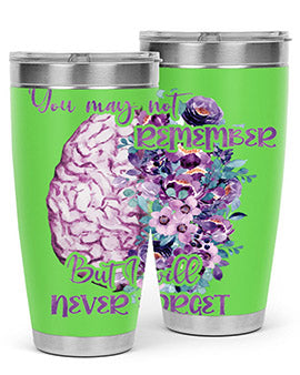 Brain Floral Alzheimer's Awareness Tumblers in 20oz and 30oz sizes, showcasing vibrant floral design and stainless steel construction.