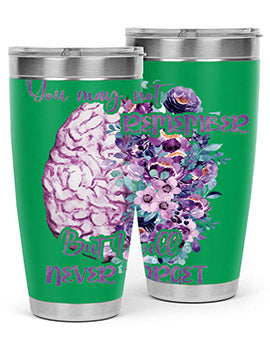 Brain Floral Alzheimer's Awareness Tumblers in 20oz and 30oz sizes, showcasing vibrant floral design and stainless steel construction.