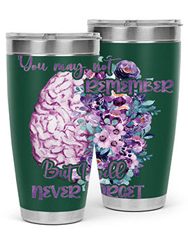 Brain Floral Alzheimer's Awareness Tumblers in 20oz and 30oz sizes, showcasing vibrant floral design and stainless steel construction.