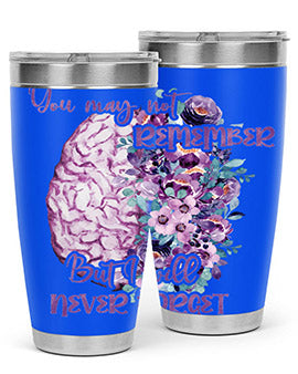 Brain Floral Alzheimer's Awareness Tumblers in 20oz and 30oz sizes, showcasing vibrant floral design and stainless steel construction.