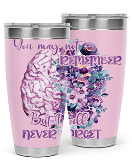 Brain Floral Alzheimer's Awareness Tumblers in 20oz and 30oz sizes, showcasing vibrant floral design and stainless steel construction.