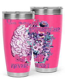 Brain Floral Alzheimer's Awareness Tumblers in 20oz and 30oz sizes, showcasing vibrant floral design and stainless steel construction.