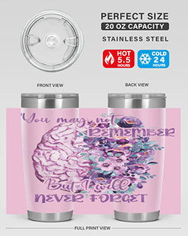 Brain Floral Alzheimer's Awareness Tumblers in 20oz and 30oz sizes, showcasing vibrant floral design and stainless steel construction.