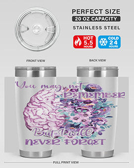 Brain Floral Alzheimer's Awareness Tumblers in 20oz and 30oz sizes, showcasing vibrant floral design and stainless steel construction.