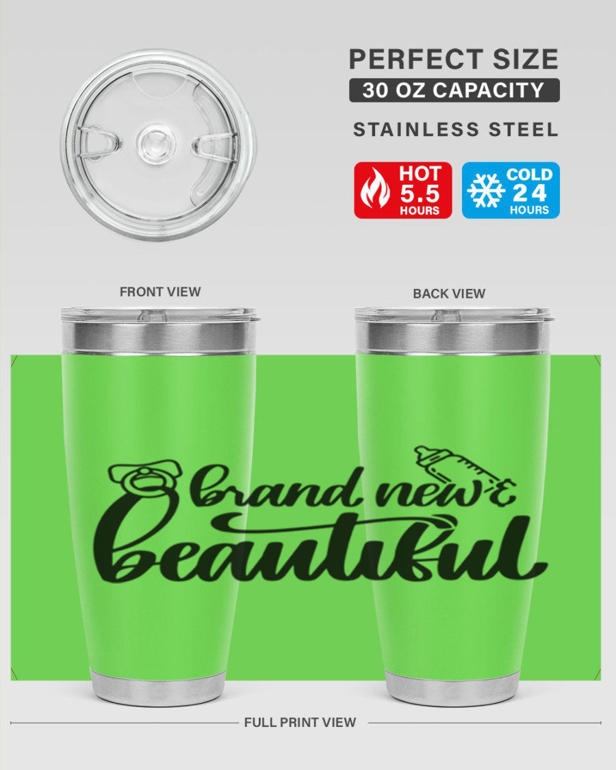 Brand New Beautiful Style 107# baby tumbler in stainless steel with a vibrant design, showcasing its double wall vacuum insulation and drink-thru lid.