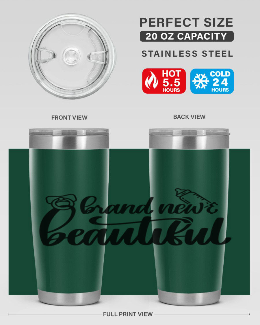 Brand New Beautiful Style 107# baby tumbler in stainless steel with a vibrant design, showcasing its double wall vacuum insulation and drink-thru lid.