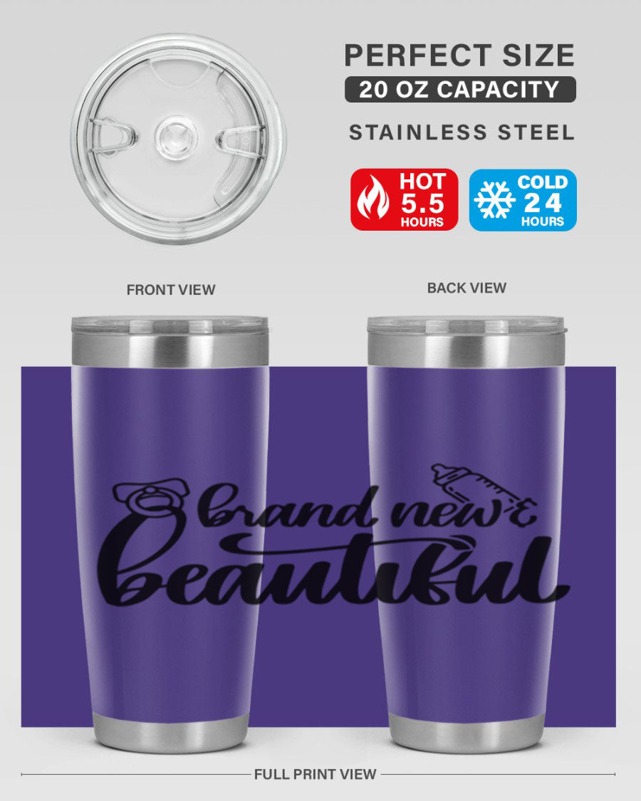 Brand New Beautiful Style 107# baby tumbler in stainless steel with a vibrant design, showcasing its double wall vacuum insulation and drink-thru lid.