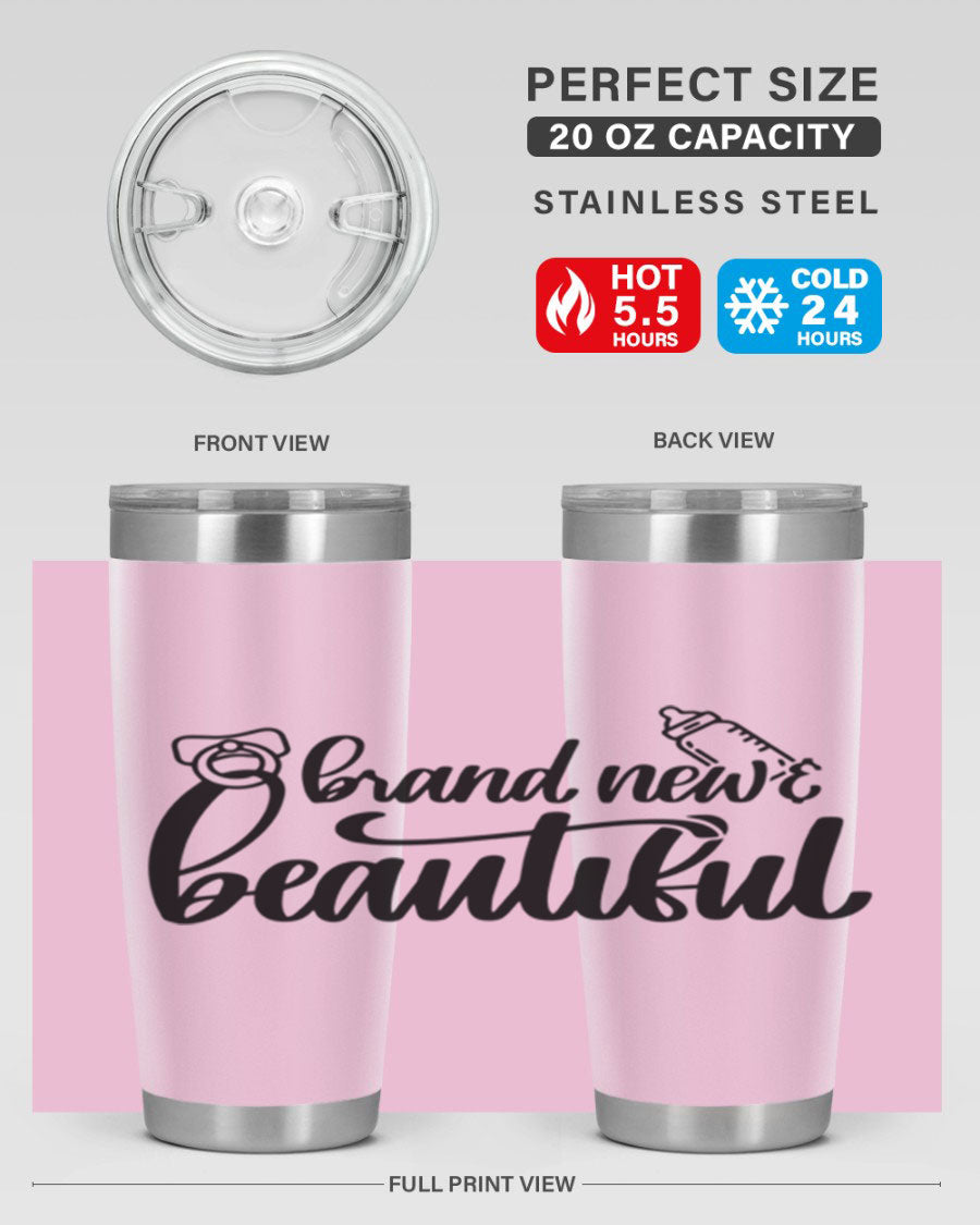 Brand New Beautiful Style 107# baby tumbler in stainless steel with a vibrant design, showcasing its double wall vacuum insulation and drink-thru lid.