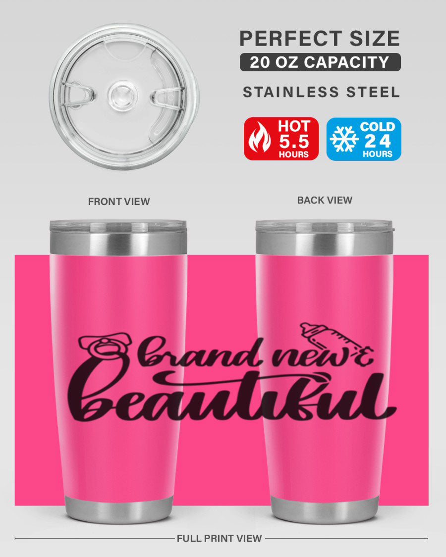 Brand New Beautiful Style 107# baby tumbler in stainless steel with a vibrant design, showcasing its double wall vacuum insulation and drink-thru lid.