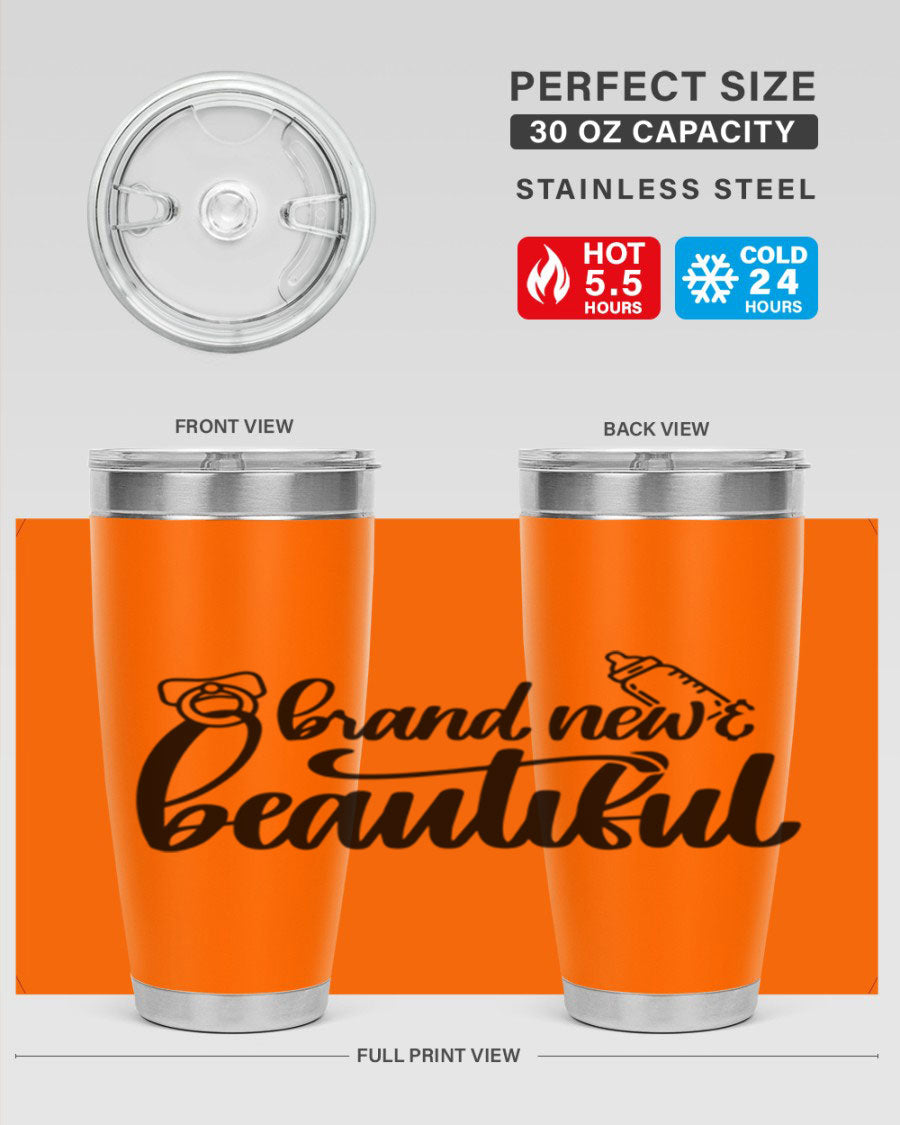 Brand New Beautiful Style 107# baby tumbler in stainless steel with a vibrant design, showcasing its double wall vacuum insulation and drink-thru lid.