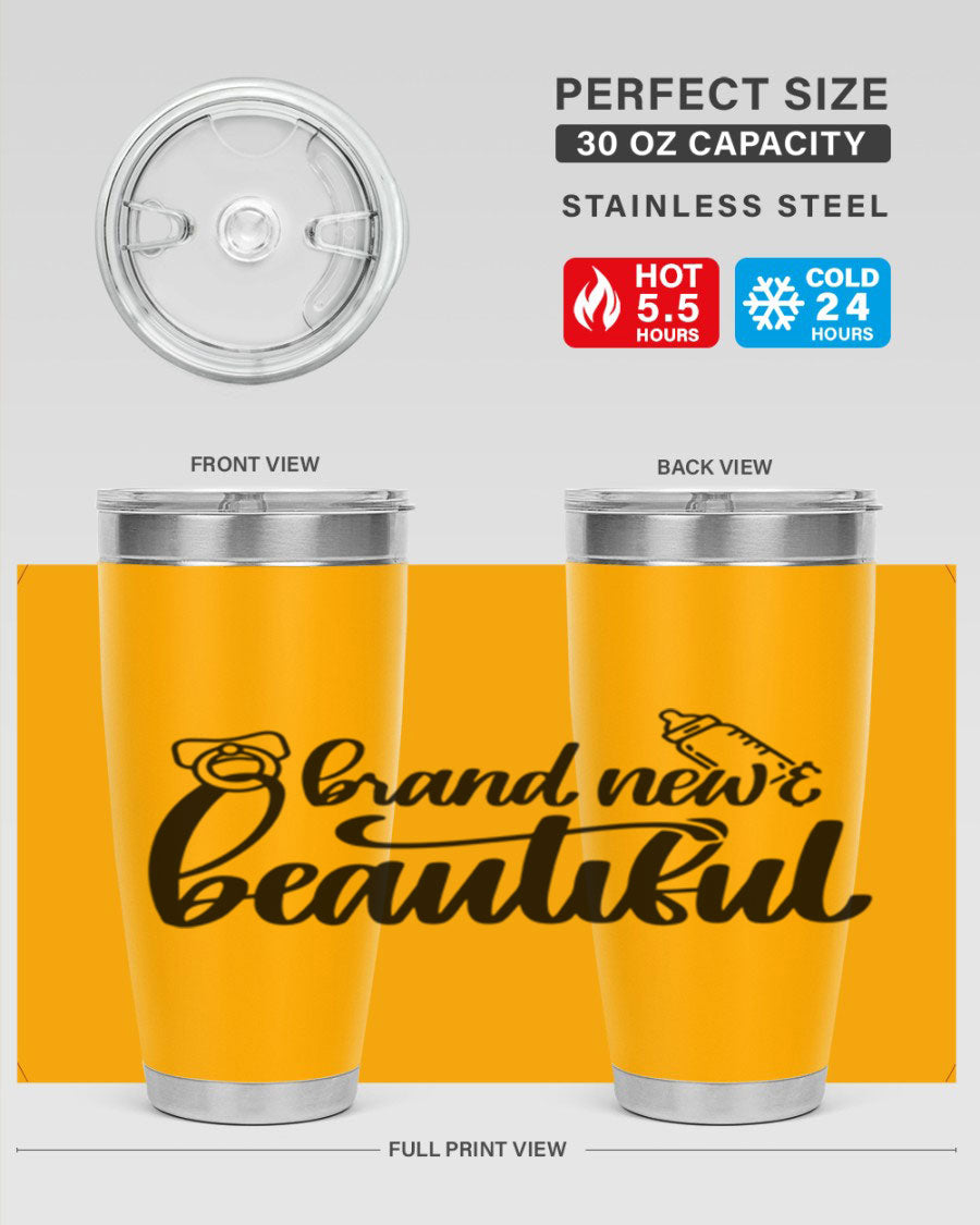 Brand New Beautiful Style 107# baby tumbler in stainless steel with a vibrant design, showcasing its double wall vacuum insulation and drink-thru lid.