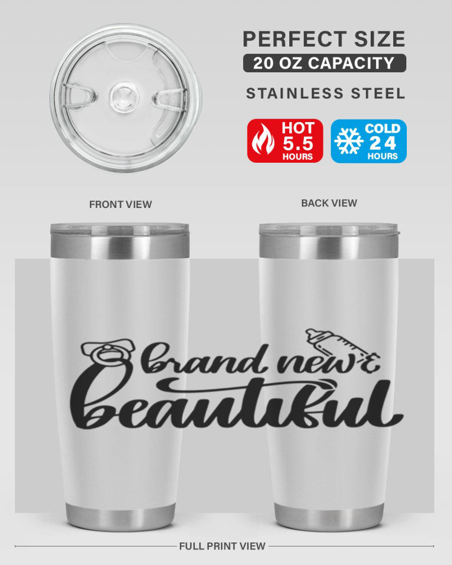 Brand New Beautiful Style 107# baby tumbler in stainless steel with a vibrant design, showcasing its double wall vacuum insulation and drink-thru lid.