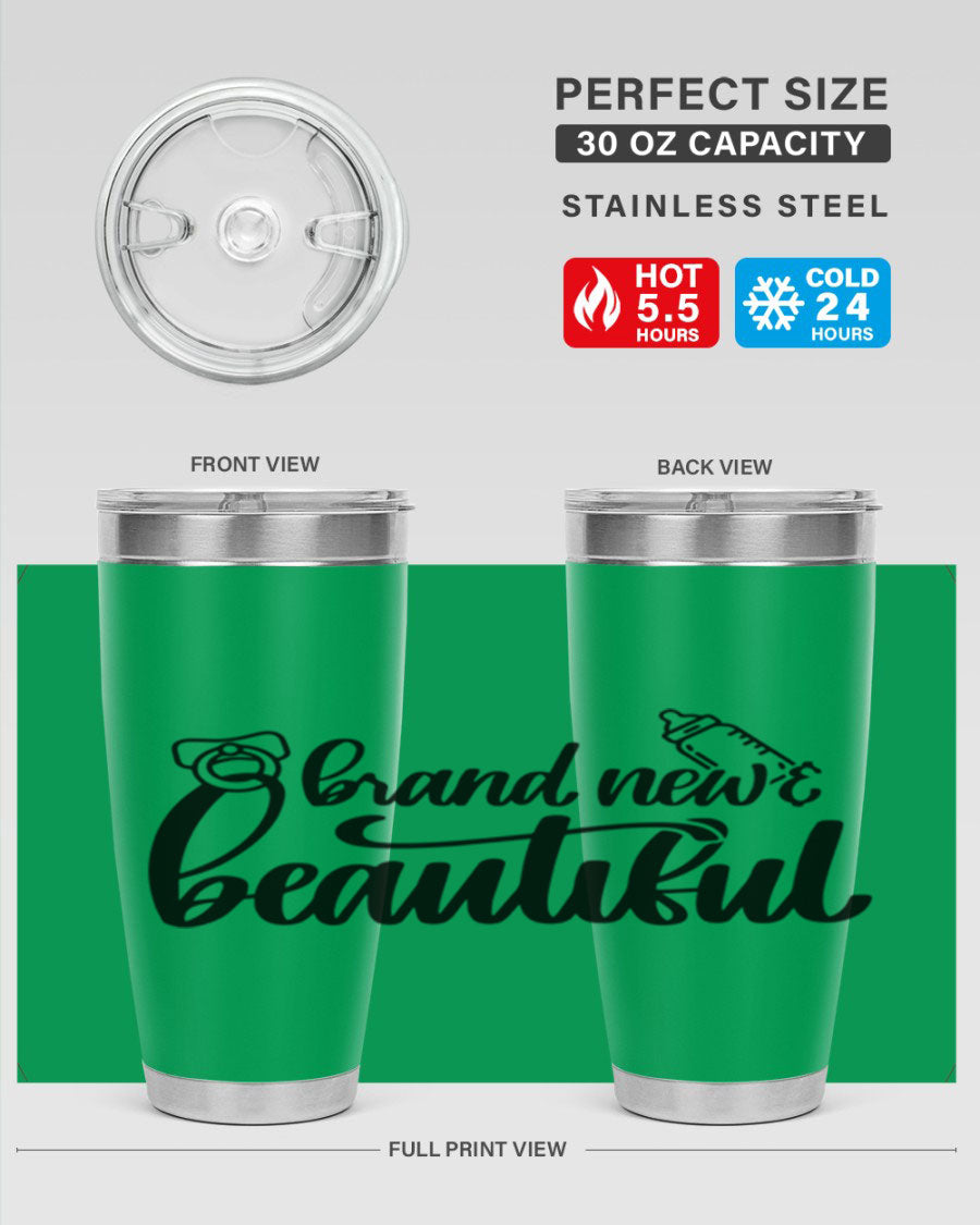 Brand New Beautiful Style 107# baby tumbler in stainless steel with a vibrant design, showcasing its double wall vacuum insulation and drink-thru lid.