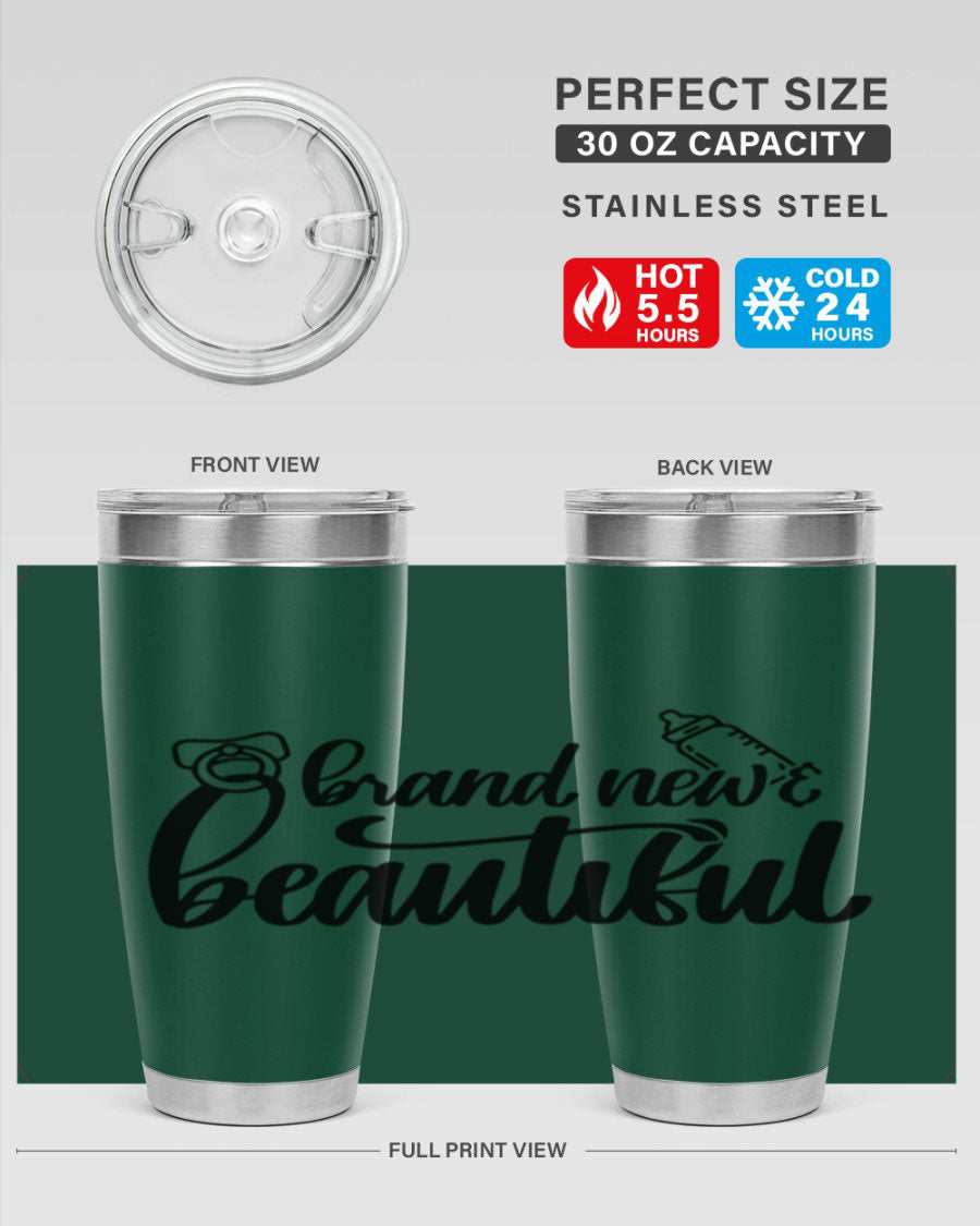 Brand New Beautiful Style 107# baby tumbler in stainless steel with a vibrant design, showcasing its double wall vacuum insulation and drink-thru lid.