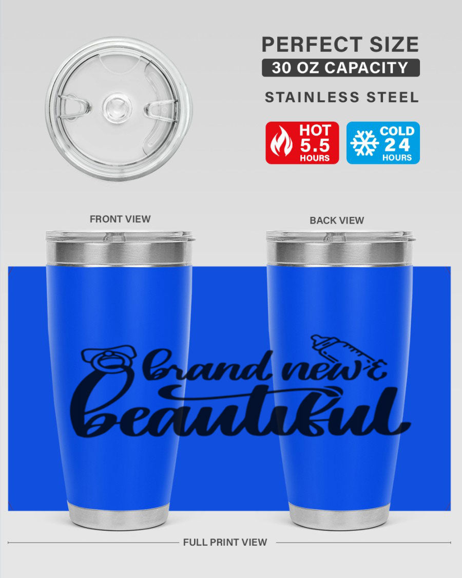 Brand New Beautiful Style 107# baby tumbler in stainless steel with a vibrant design, showcasing its double wall vacuum insulation and drink-thru lid.