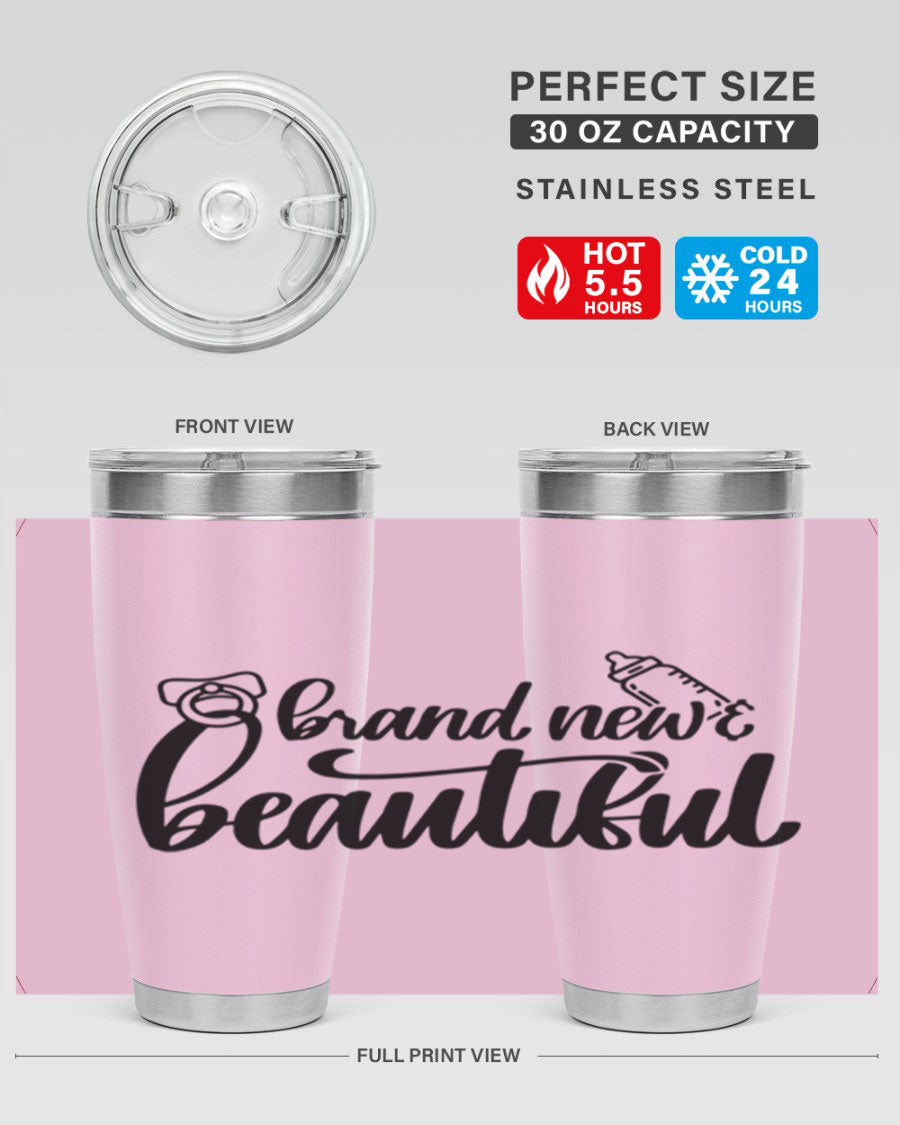 Brand New Beautiful Style 107# baby tumbler in stainless steel with a vibrant design, showcasing its double wall vacuum insulation and drink-thru lid.