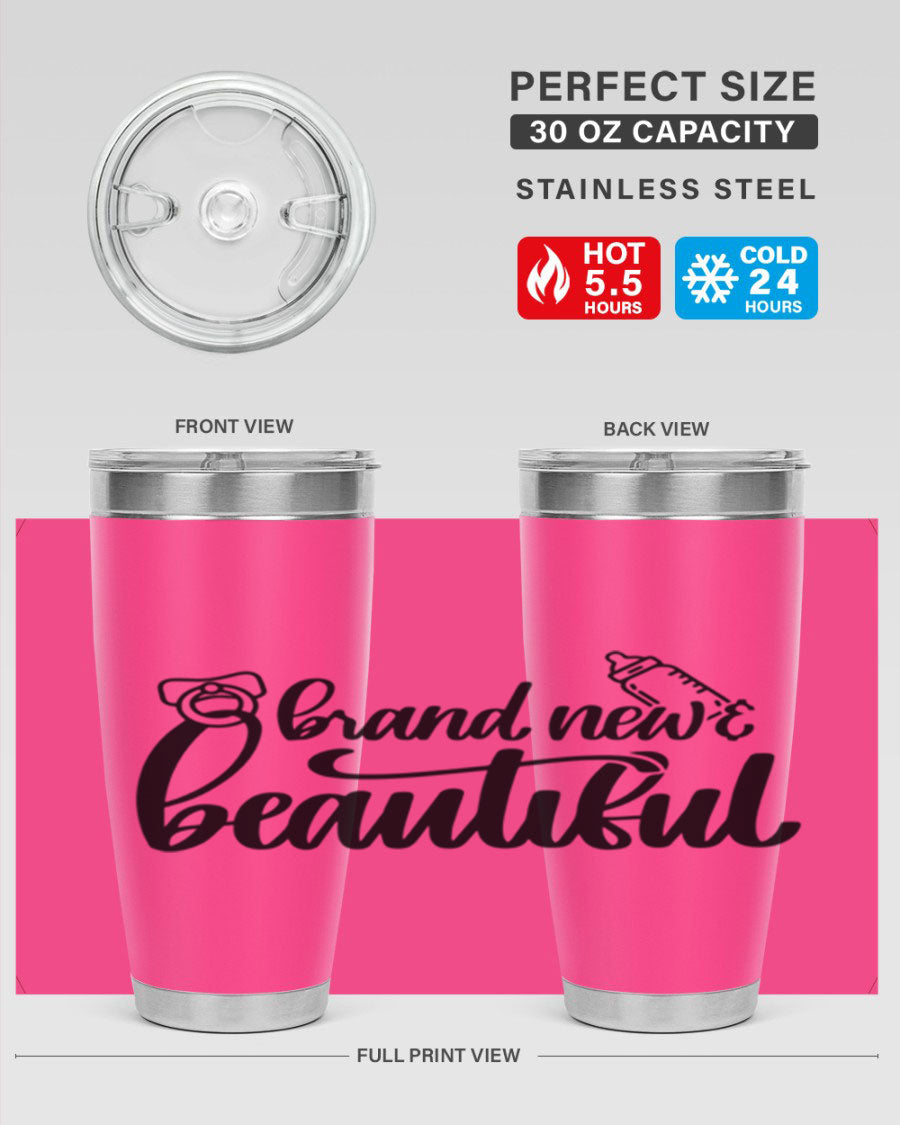 Brand New Beautiful Style 107# baby tumbler in stainless steel with a vibrant design, showcasing its double wall vacuum insulation and drink-thru lid.