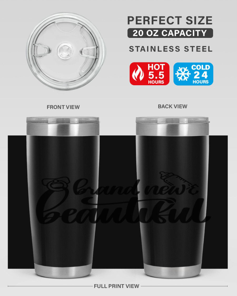 Brand New Beautiful Style 107# baby tumbler in stainless steel with a vibrant design, showcasing its double wall vacuum insulation and drink-thru lid.