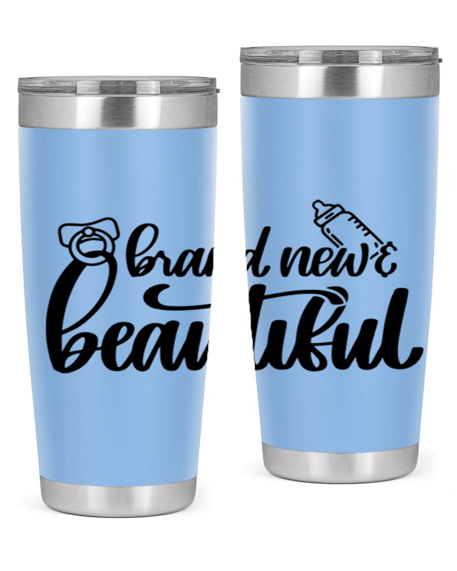 Brand New Beautiful Style 107# baby tumbler in stainless steel with a vibrant design, showcasing its double wall vacuum insulation and drink-thru lid.