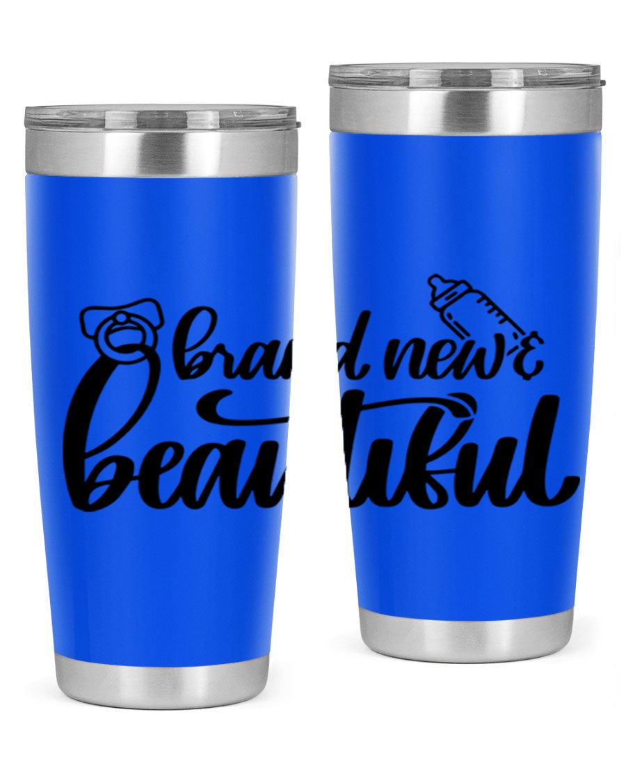 Brand New Beautiful Style 107# baby tumbler in stainless steel with a vibrant design, showcasing its double wall vacuum insulation and drink-thru lid.