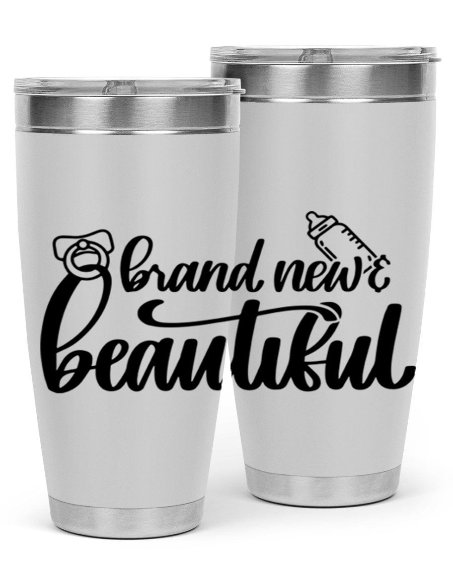 Brand New Beautiful Style 107# baby tumbler in stainless steel with a vibrant design, showcasing its double wall vacuum insulation and drink-thru lid.