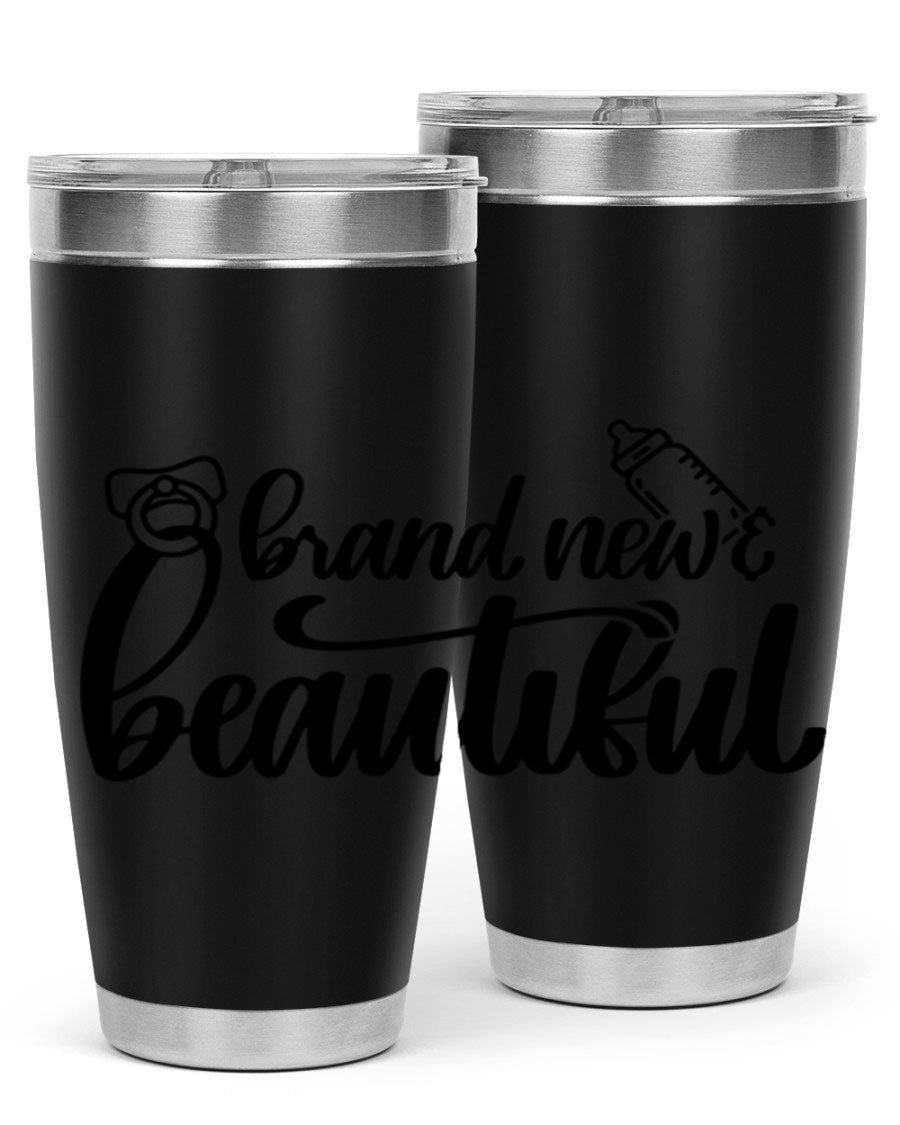 Brand New Beautiful Style 107# baby tumbler in stainless steel with a vibrant design, showcasing its double wall vacuum insulation and drink-thru lid.