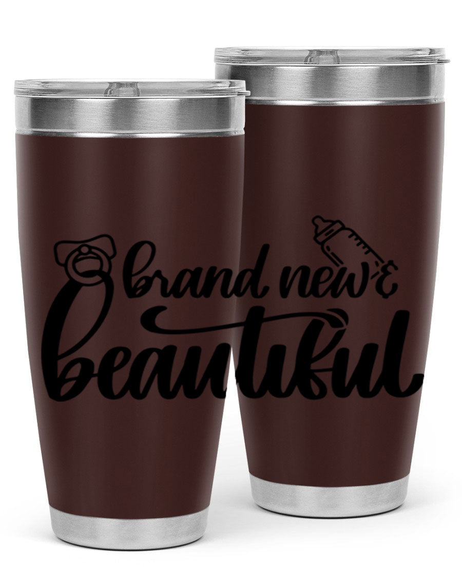 Brand New Beautiful Style 107# baby tumbler in stainless steel with a vibrant design, showcasing its double wall vacuum insulation and drink-thru lid.