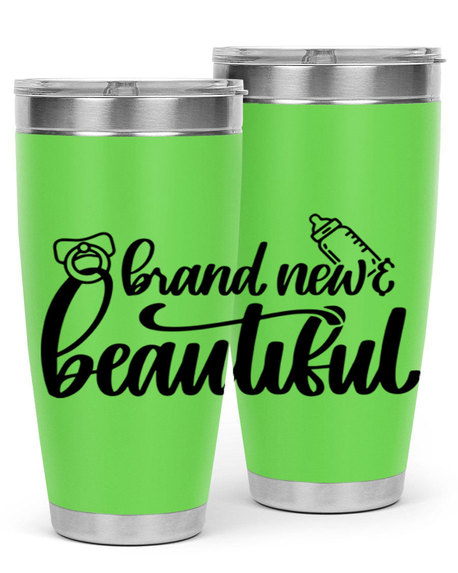 Brand New Beautiful Style 107# baby tumbler in stainless steel with a vibrant design, showcasing its double wall vacuum insulation and drink-thru lid.